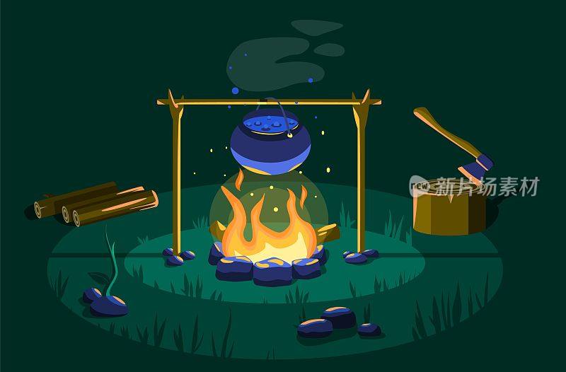 Vector Image Of A Campfire With A Pot On The Fire